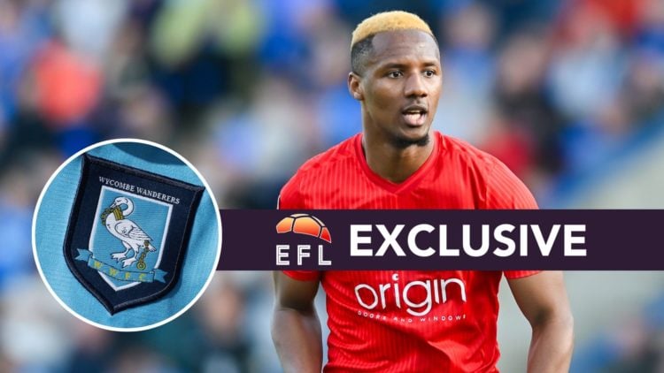 An image of Richard Kone with an inset of the Wycombe Wanderers badge and exclusive banner.