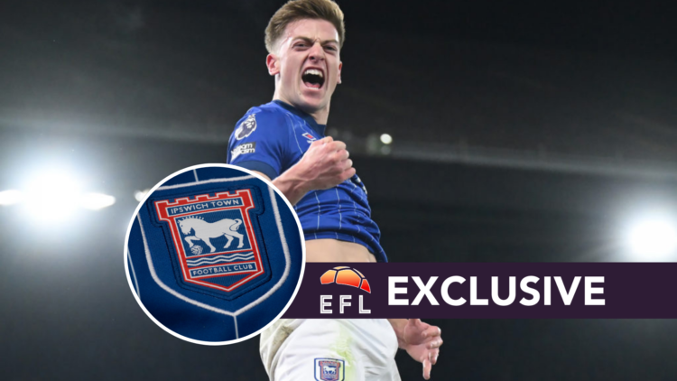 Liam Delap celebrates after scoring for Ipswich Town from a penalty kick against Chelsea during the 2024/25 Premier League, and inset, Ipswich Town...