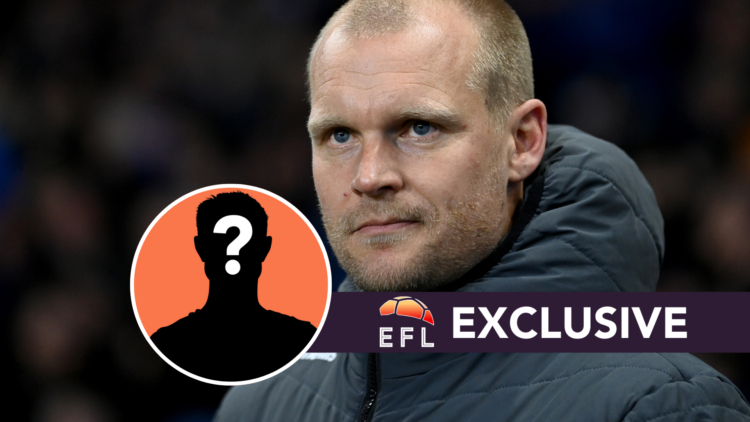 Norwich City manager Liam Manning. Inset, mystery player graphic. Overlaid, exclusive branding.