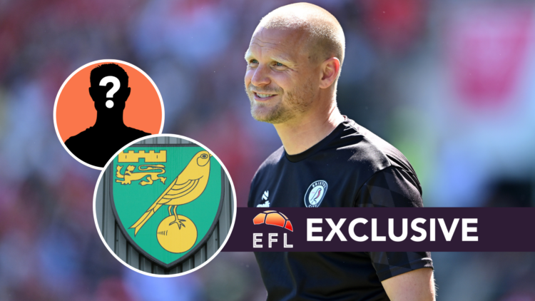 Former Bristol City manager Liam Manning. inset, Norwich City badge and mystery player graphic. Overlaid, exclusive branding.