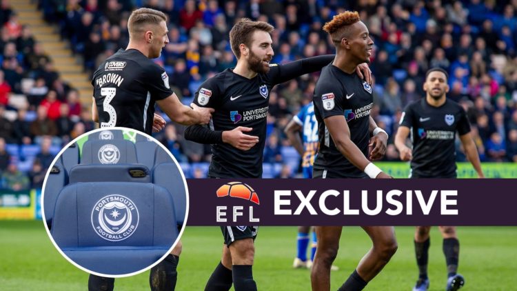 An image of Jamal Lowe with an inset of the Portsmouth badge and exclusive banner.