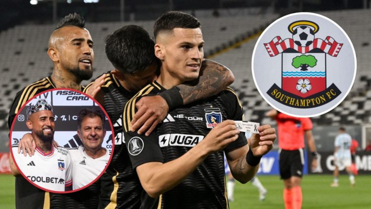 Main image, Colo-Colo's forward #32 Lucas Cepeda celebrates with Colo-Colo's midfielder #23 Arturo Vidal after scoring during the Copa Libertadores...