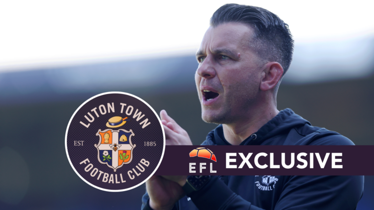 Luton Town manager Matt Bloomfield. Inset, Luton Town badge. Overlaid, exclusive branding.