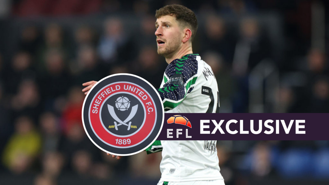 Sunderland defender Chris Mepham in Championship action during his loan spell from Bournemouth, and inset, Sheffield United badge and EFL Analysis ...