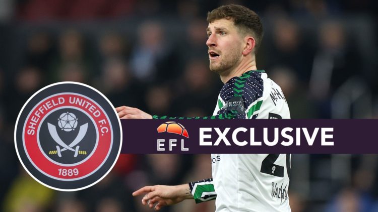 An image of Chris Mepham with an inset of the Sheffield United badge and exclusive banner.