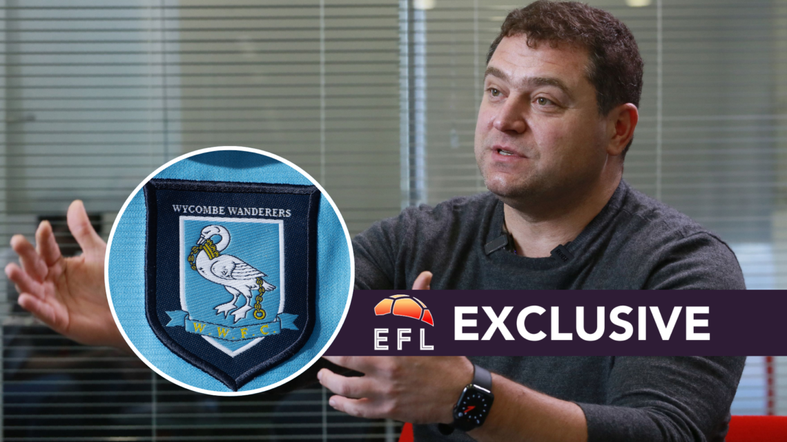 Wycombe Wanderers owner Mikheil Lomtadze. Inset, Wycombe badge. Overlaid, exclusive branding.