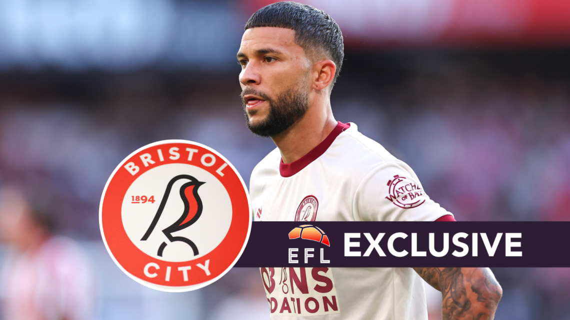 Bristol City striker Nahki Wells. Inset, Bristol City badge. Overlaid, exclusive branding.
