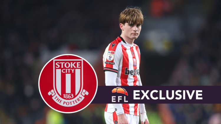 Stoke City striker Nathan Lowe. Inset, Stoke City badge. Overlaid, exclusive branding.