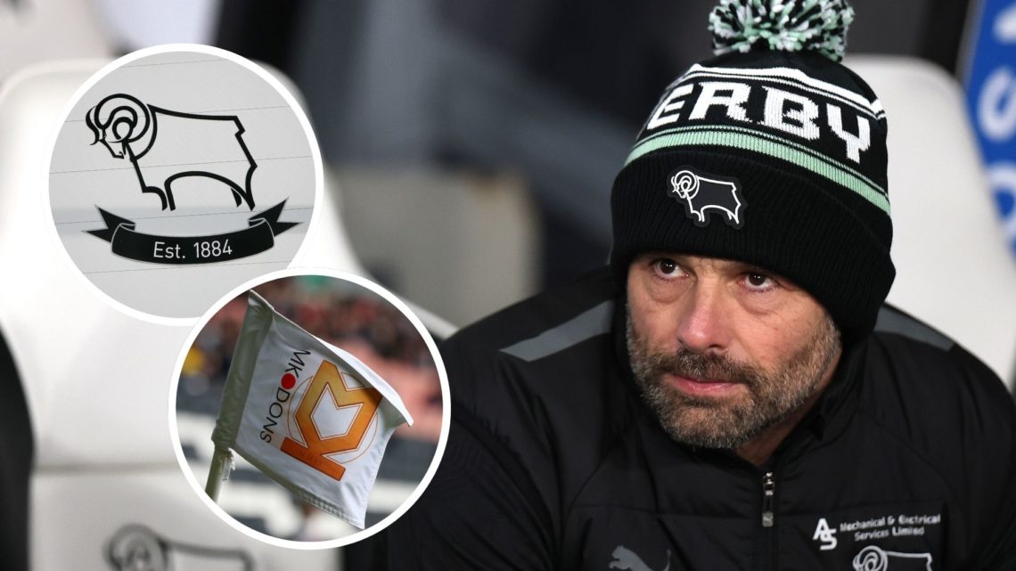 The head coach of Derby County FC Paul Warne during the Sky Bet Championship match between Derby County FC and Sunderland AFC. Inset, Derby County ...