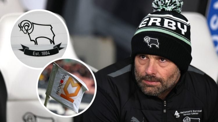 The head coach of Derby County FC Paul Warne during the Sky Bet Championship match between Derby County FC and Sunderland AFC. Inset, Derby County ...