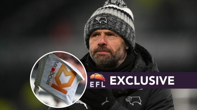 Derby manager, Paul Warne, looks dejected after a defeat during the Sky Bet Championship match between Derby County and Swansea City. Inset, MK Don...