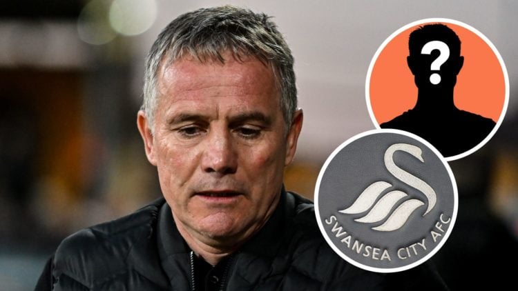Manager Phil Parkinson (Manager Wrexham) looks on during the Sky Bet League 1 match between Cambridge United and Wrexham. Inset, Swansea City badge...