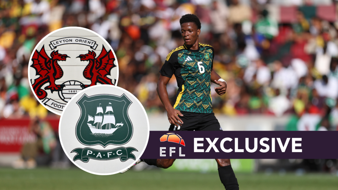 Jamaican star Richard King. Inset, Plymouth Argyle and Leyton Orient badges. Overlaid, exclusive branding.