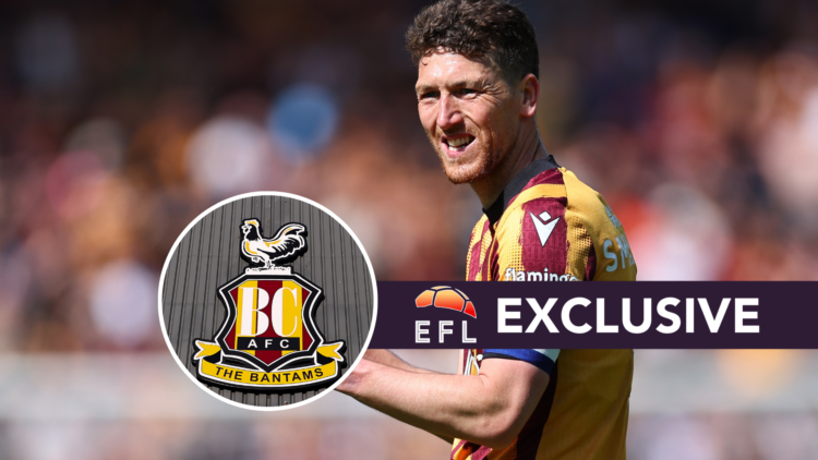 Bradford City captain Richie Smallwood. Inset, Bradford City badge. Overlaid, exclusive branding.