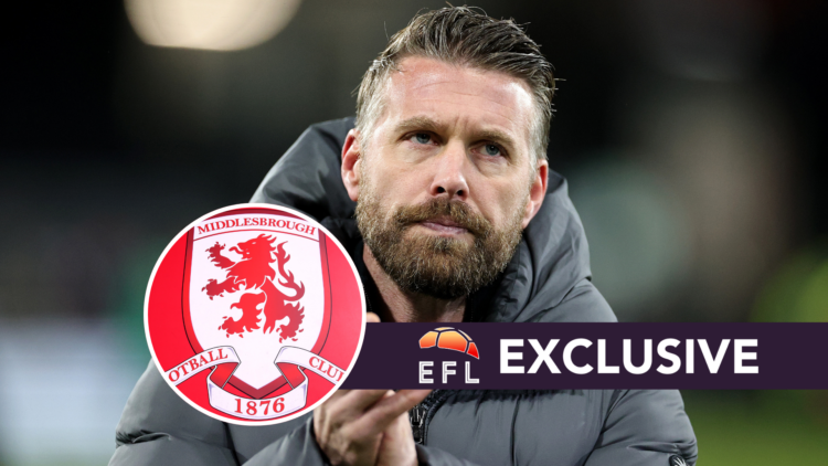 Former Luton Town manager Rob Edwards. Inset, Middlesbrough badge. Overlaid, exclusive branding.
