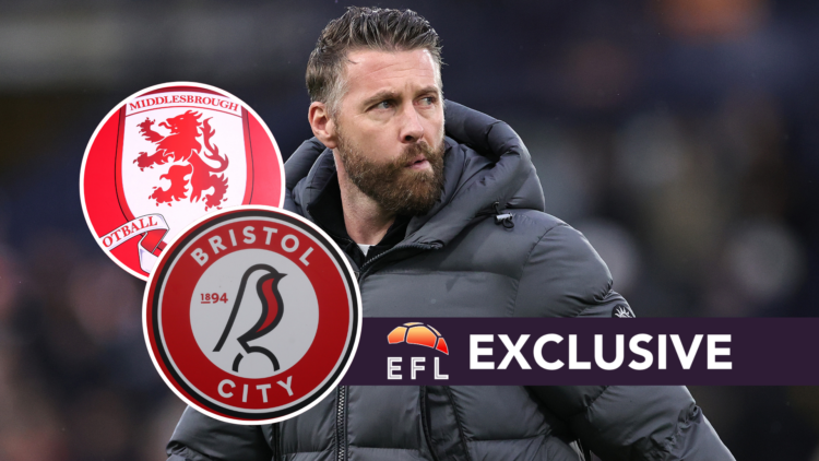Former Luton Town manager Rob Edwards. Inset, Bristol City and Middlesbrough badge. Overlaid, exclusive branding.
