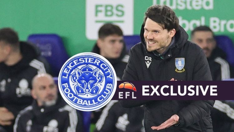 Danny Rohl shouts at his Sheffield Wednesday players during a Championship game, an inset of a detailed view of the Leicester City badge
