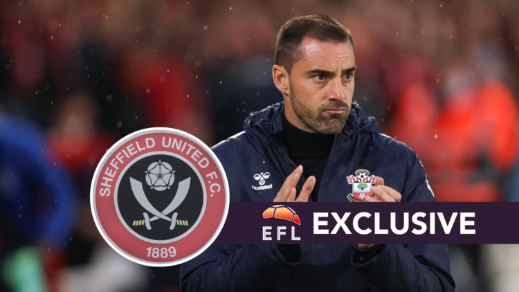 Former Southampton manager Ruben Selles. Inset, Sheffield United badge. Overlaid, exclusive branding.