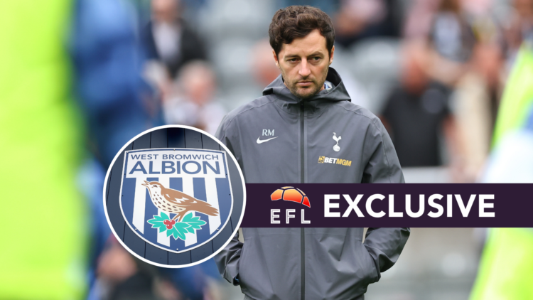 Tottenham Hotspur coach Ryan Mason. Inset, WBA badge. Overlaid, exclusive branding.