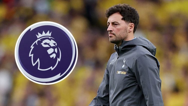 Ryan Mason before the Tottenham Hotspur v FK Bodo/Glimt UEFA Europa League 2024/25 Semi Final First Leg. Inset, Premier League logo