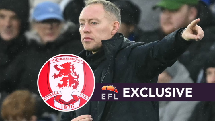 Former Leicester City boss Steve Cooper. Inset, Middlesbrough badge. Overlaid, exclusive branding.