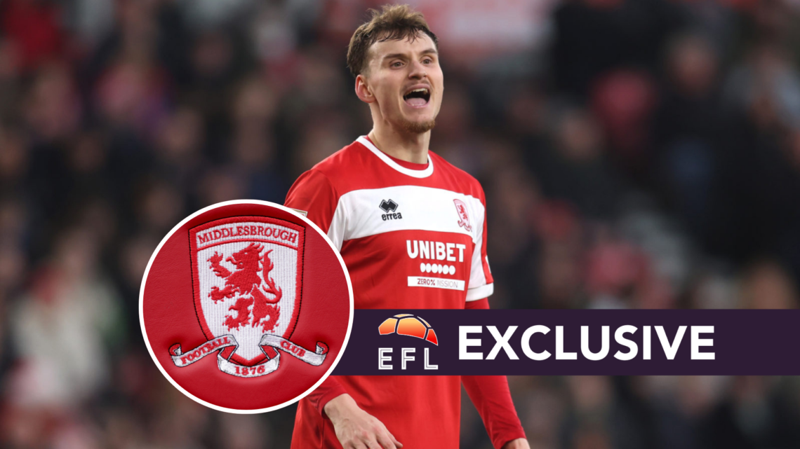 Rav van den Berg of Middlesbrough during the Sky Bet Championship match between Middlesbrough FC and Sheffield Wednesday. The Middlesbrough logo on...