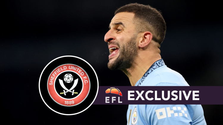 Kyle Walker of Manchester City during the Premier League match between Manchester City FC and West Ham United. The Sheffield United club badge outs...