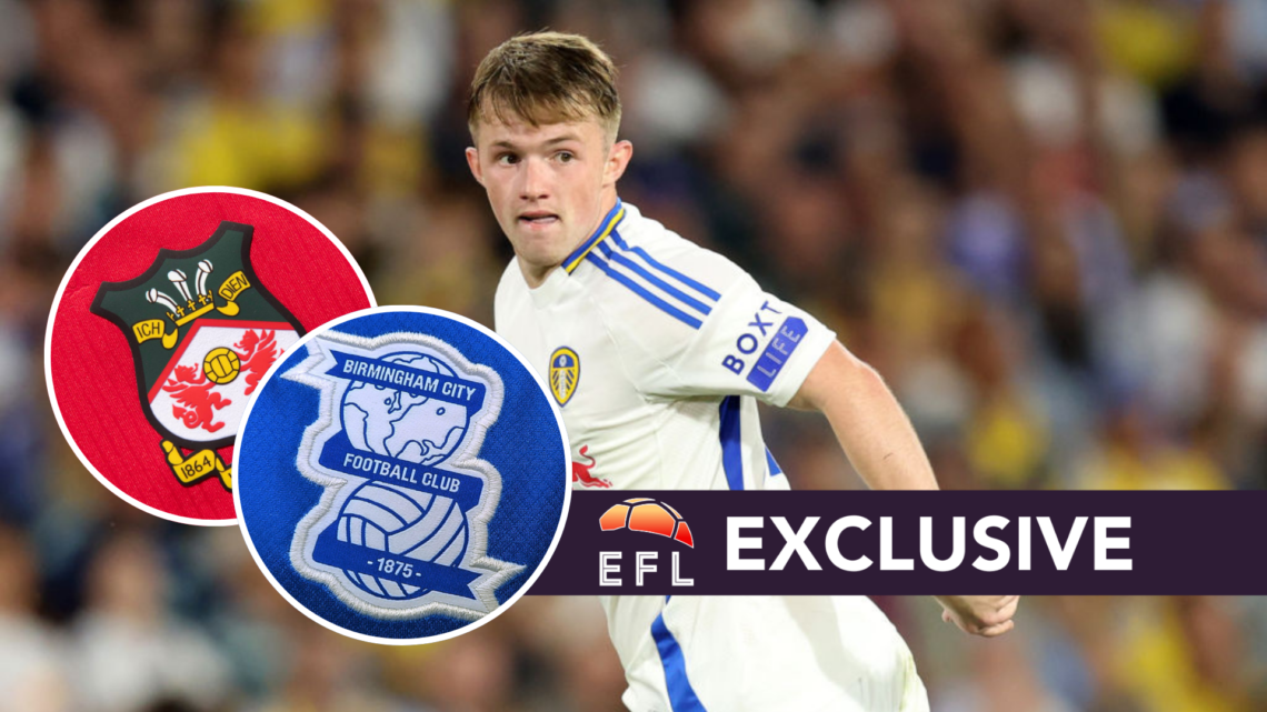 Joe Gelhardt of Leeds United looks on during the Carabao Cup First Round match between Leeds and Middlesbrough at Elland Road, and inset, the Birmi...