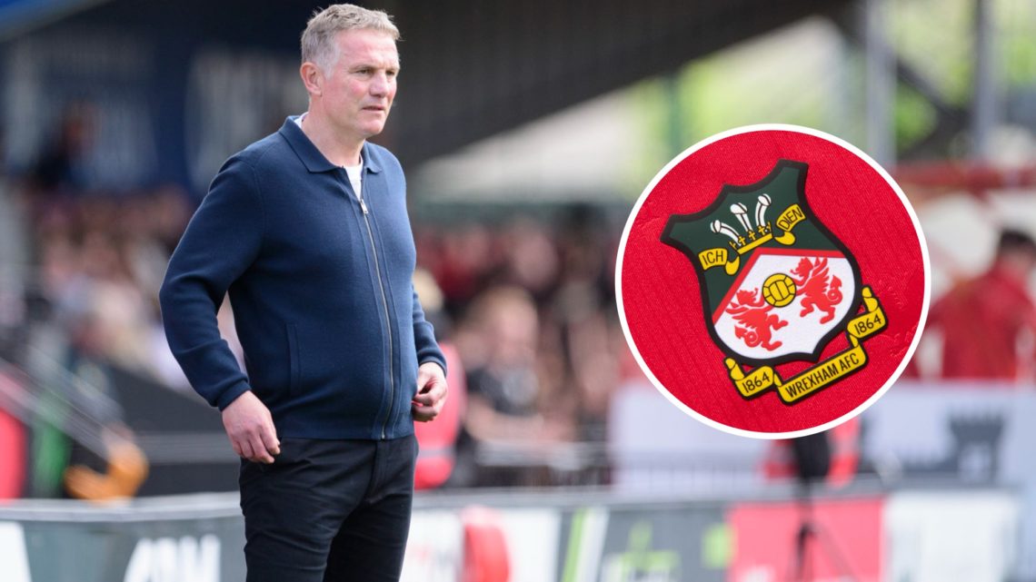 Phil Parkinson, manager of Wrexham during the Sky Bet League One match between Lincoln City FC and Wrexham AFC. Inset, Wrexham club badge