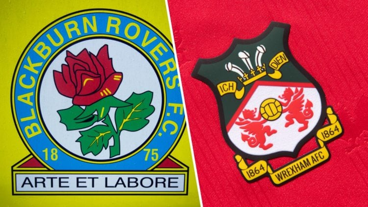 Split image of Blackburn Rovers badge and Wrexham badge.