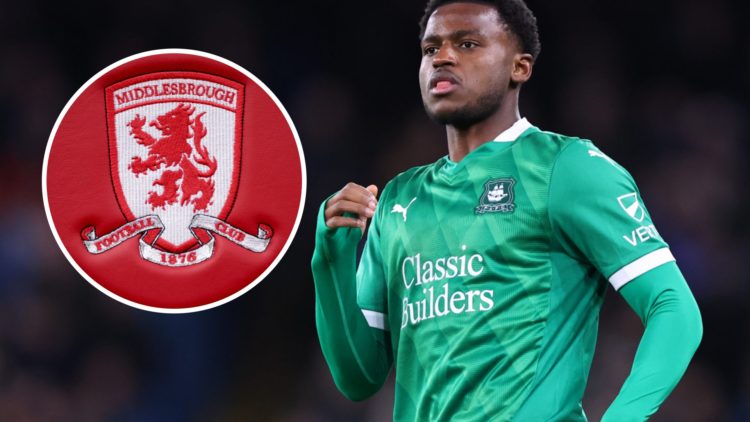 Plymouth Argyle defender Bali Mumba and inset, the Middlesbrough FC badge
