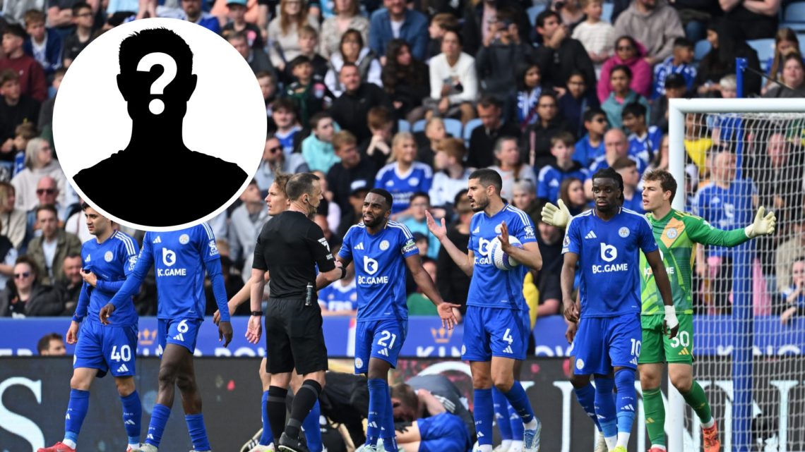 Leicester City players react to a decision made by a referee during a game against Liverpool, inset of a mystery man