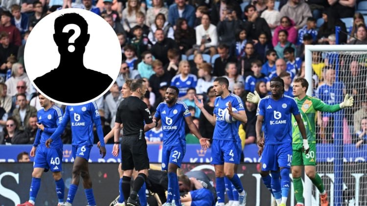 Leicester City players react to a decision made by a referee during a game against Liverpool, inset of a mystery man
