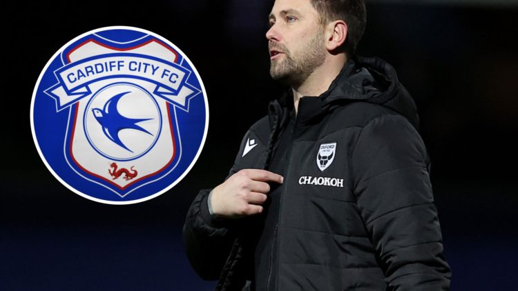Former Oxford United head coach Des Buckingham points to the Oxford United badge after a Championship game, and inset, the Cardiff City badge