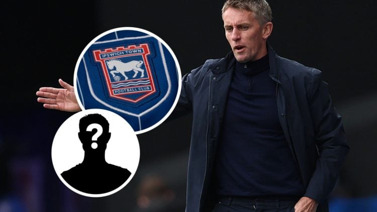 Ipswich Town manager Kieran McKenna. Inset, Ipswich Town badge and mystery player graphic.