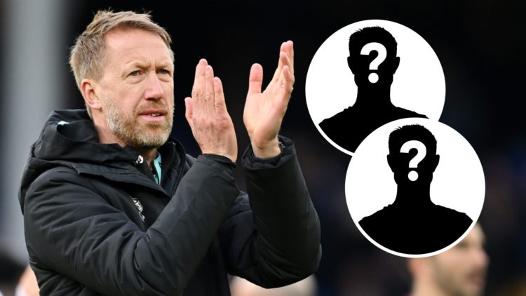 West Ham United manager Graham Potter applauds the West Ham fans after a Premier League match versus Everton, and inset, two mystery players