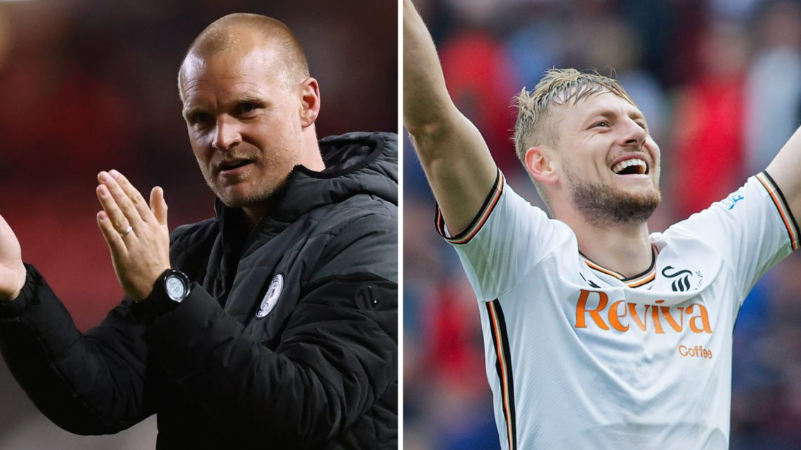 Liam Manning, manager of Bristol celebrates victory in front of the fans (L). Harry Darling of Swansea City celebrates his team's win after the Sky...