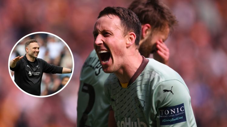 Craig Forsyth of Derby County celebrates his team's first goal during the Sky Bet Championship match between Hull City AFC and Derby County FC. Ins...