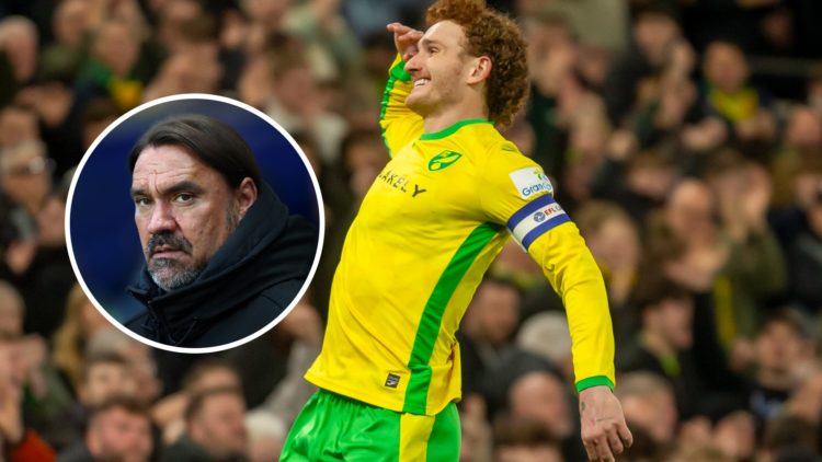 Norwich City striker Josh Sargent. Inset, Leeds United boss Daniel Farke.