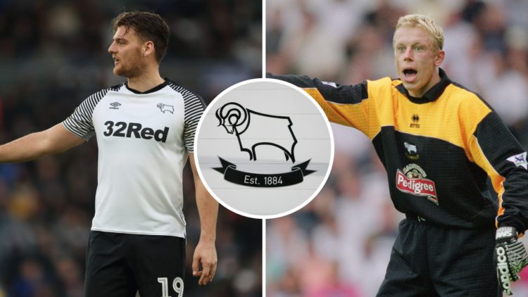 Chris Martin of Derby County during the Sky Bet Championship match between Derby County and Huddersfield Town (L). Mart Poom of Derby County shouts...