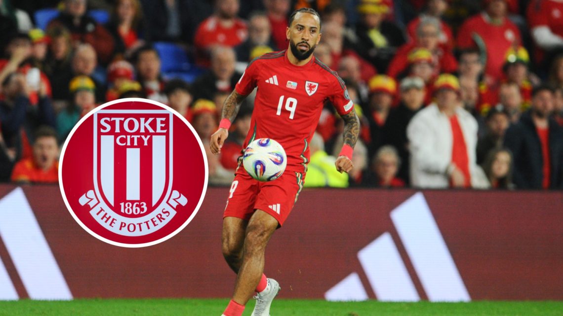 Welsh player Sorba Thomas. Inset, Stoke City badge.