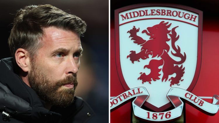 Rob Edwards during the Sky Bet Championship match between Queens Park Rangers FC and Luton Town. A Middlesbrough sign is seen outside the Riverside...