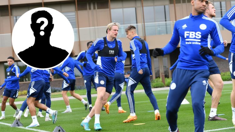 Victor Kritisansen training with the Leicester City squad at their Seagrave Training Ground, an inset of a mystery man