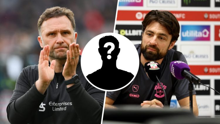 John Eustace applauds the Derby County fans after a game (L). Russell Martin during Southampton Training and Press Conference (R). Inset, mystery p...