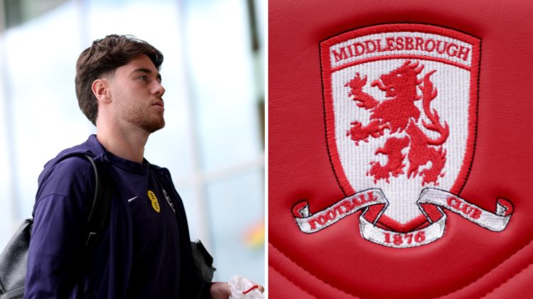 Hayden Hackney of England U21 arrives at St Georges Park. The Middlesbrough logo on the seats in the dugout during the Premier League match between...