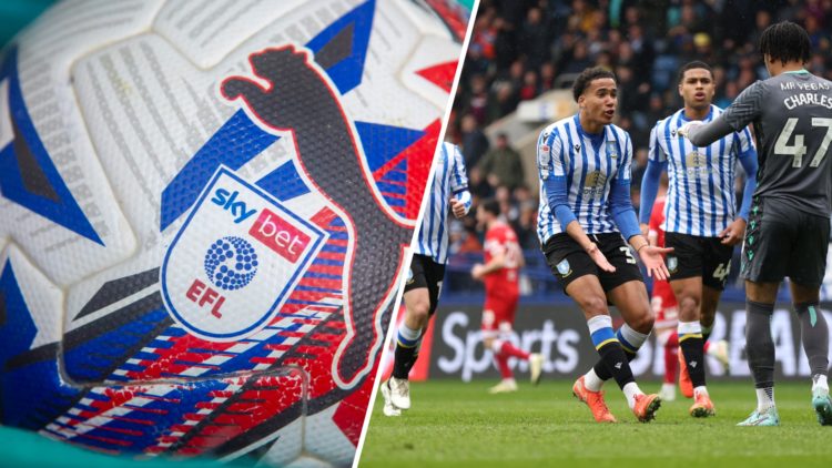 A detailed view of the EFL logo on a football before a Championship game, Gabriel Otegbayo of Sheffield Wednesday celebrates with Pierce Charles