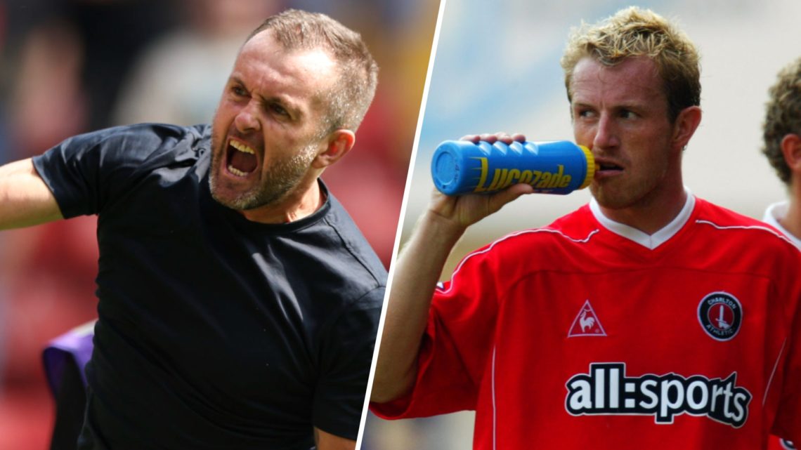 Nathan Jones celebrates for Charlton Athletic, the team he manages in now the Championship. Gary Rowett playing for Charlton Athletic.