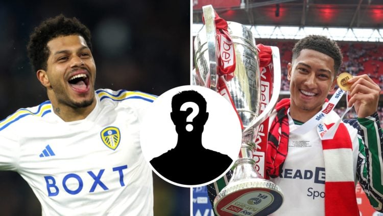 Former Leeds United forward Georginio Rutter celebrates after scoring in the Championship, former Sunderland midfielder Jobe Bellingham holding the...