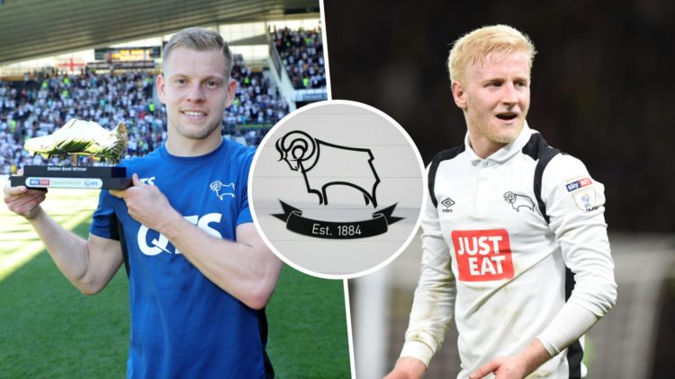 Derby County's Matej Vydra after being presented with The Golden Boot for being the Sky Bet Championship Golden Boot 2018 (L), Will Hughes of Derby...