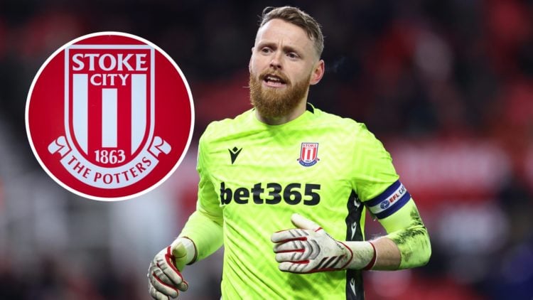 Stoke City goalkeeper Viktor Johansson reacts during a Championship match in the 24/25 season, and inset, Stoke City FC badge